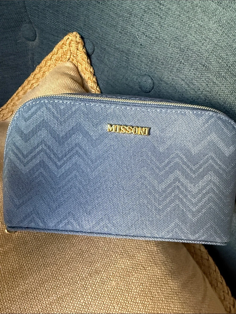 NEW Missoni Fabric Cosmetic Bag Blue Zigzag Travel Pouch